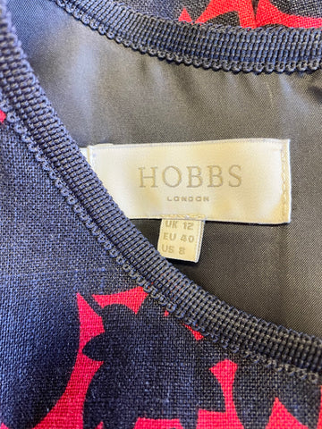 HOBBS NAVY BLUE & RED PRINT LINEN CAP SLEEVE BELTED PENCIL DRESS SIZE 12