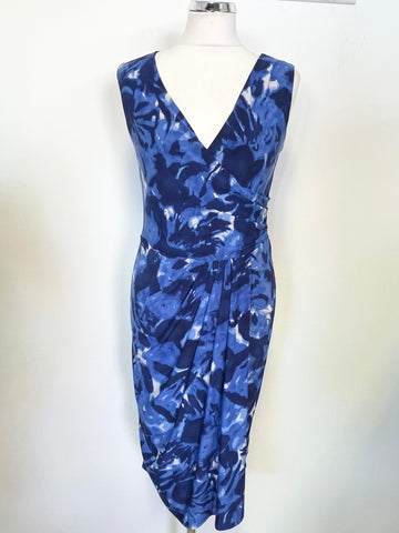 PHASE EIGHT BLUE PRINT DRAPED STRETCH JERSEY SLEEVELESS PENCIL DRESS SIZE 14