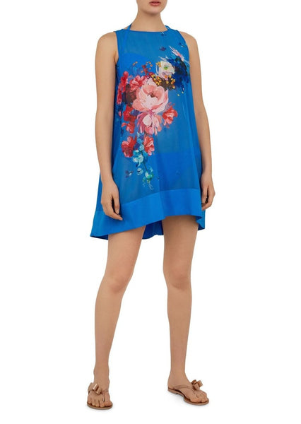 TED BAKER NOVYA BLUE & RASPBERRY RIPPLE FLORAL PRINT SLEEVELESS BEACH COVER UP SIZE S