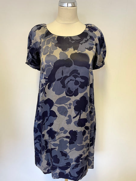 WHISTLES BLUE FLORAL PRINT SILK SHORT SLEEVE SHIFT DRESS SIZE 8