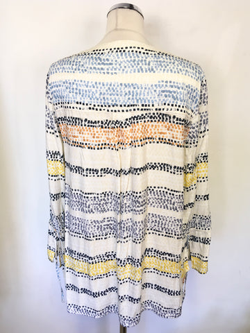 JAEGER WHITE & MULTI COLOURED PRINT LONG SLEEVE WITH TIE CUFF TUNIC TOP SIZE 12