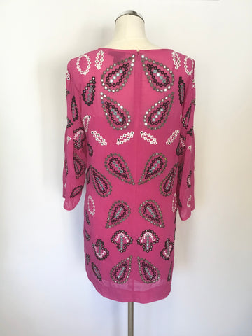 DKNY PINK SILK EMBROIDERED & MIRROR TRIM 3/4 SLEEVE SHIFT DRESS SIZE M