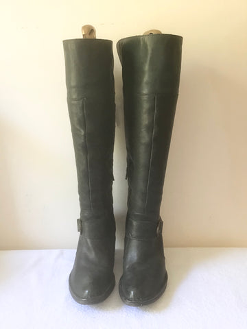 CLARKS DARK GREEN LEATHER LACE UP  & BUCKLE TRIM KNEE LENGTH BOOTS SIZE 5/38