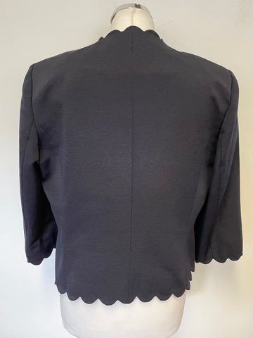 HOBBS NAVY BLUE COLLARLESS SCALLOP EDGED 3/4 SLEEVED SPECIAL OCCASION JACKET SIZE 16