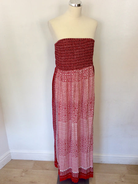 MONSOON RED & WHITE PRINT STRAPLESS MAXI DRESS SIZE L
