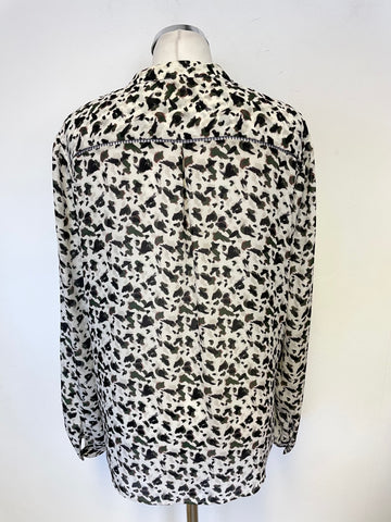 REISS BELVA IVORY GREEN, BLACK PRINT V NECK LONG SLEEVED BLOUSE SIZE 14