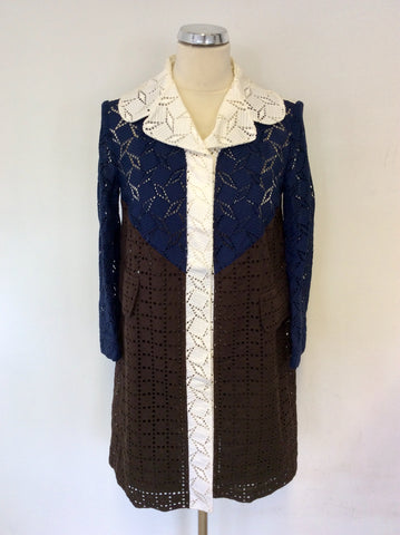 LOUIS VUITTON 2013 WHITE,NAVY BLUE & BROWN BROIDERY ANGLAISE LONG JACKET SIZE 36 UK 10