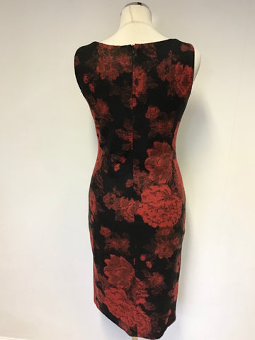 PHASE EIGHT RED & BLACK FLORAL PRINT WOOL BLEND PENCIL DRESS SIZE 10