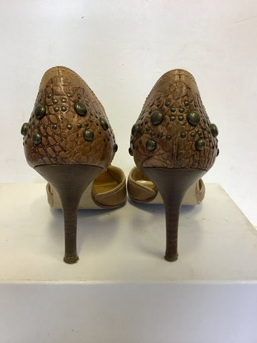 GUESS BY MARCIANO LIGHT BROWN LEATHER STUD TRIM HEELS SIZE 4.5/37.5