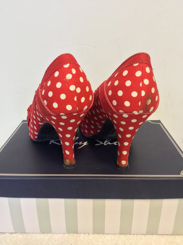 RUBY SHOO RED & WHITE SPOT HEELS WITH FLOWER TRIM SIZE 7/40