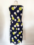FENN WRIGHT MANSON NAVY BLUE,LIME & CREAM SPOT SILK BELTED SLEEVELESS DRESS SIZE 14