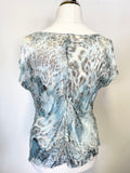 GINA BACCONI DUCK EGG & BROWN PRINT SILK BLEND BEADED TOP & SKIRT SIZE 18/20