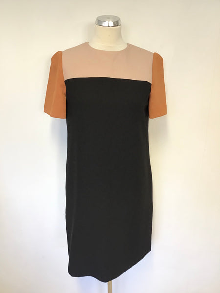 HOBBS CAMEL,BURNT ORANGE & BLACK SHORT SLEEVE SHIFT DRESS SIZE 10