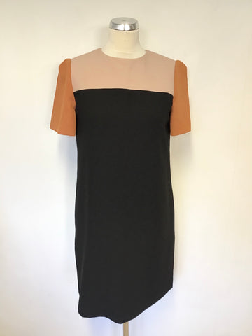 HOBBS CAMEL,BURNT ORANGE & BLACK SHORT SLEEVE SHIFT DRESS SIZE 10