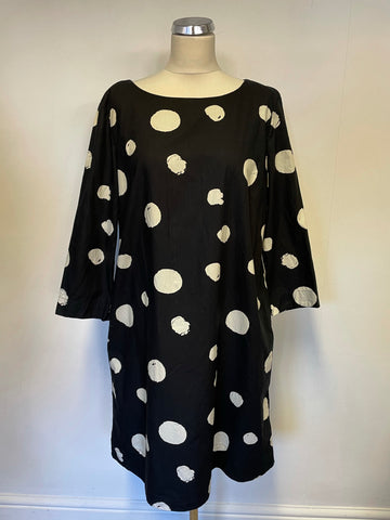 TOAST BLACK & WHITE LARGE SPOT COTTON 3/4 SLEEVE SHIFT DRESS SIZE 18