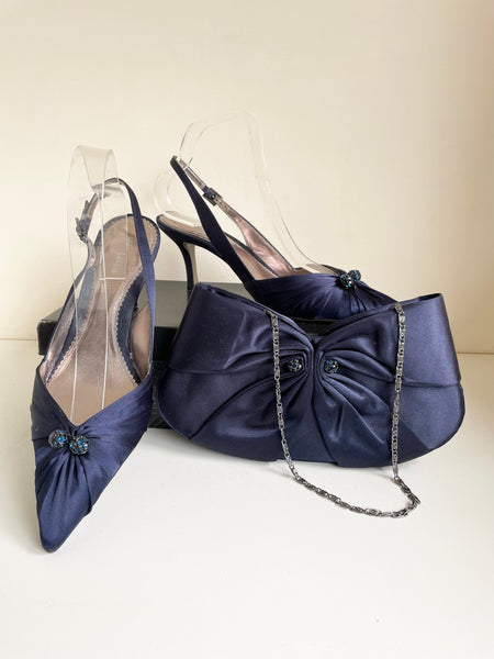 JOHN LEWIS CLUSTER NAVY BLUE SATIN SLINGBACK HEELS SIZE 8/41 & MATCHING SHOULDER BAG