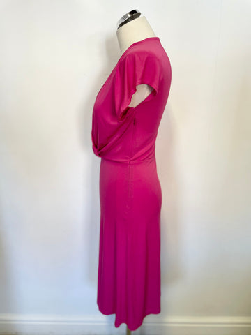 JAEGER PINK CAP SLEEVED DRAPED FRONT STRETCH JERSEY DRESS SIZE 8