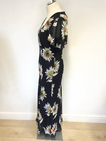 TAYLOR NAVY BLUE FLORAL PRINT SHORT SLEEVE LONG DRESS SIZE 8 UK 12