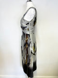 TED BAKER SILVER GREY BIRD PRINT SLEEVELESS SILK SPECIAL OCCASION DRESS SIZE 1 UK 8