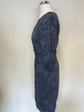 WHISTLES BLUE & BLACK PRINT SHORT SLEEVE SILK REAR ZIP PENCIL DRESS SIZE 8