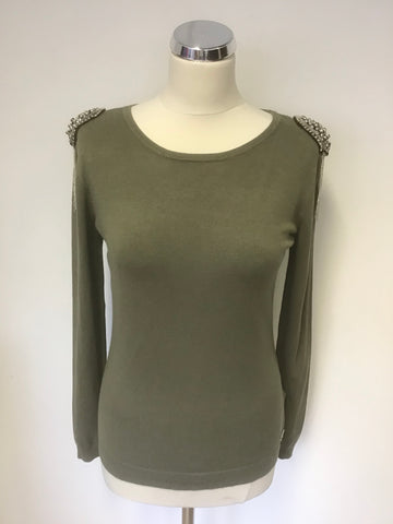 GUESS KHAKI GREEN EMBELLISHED SHOULDER LONG SLEEVE JUMPER SIZE S