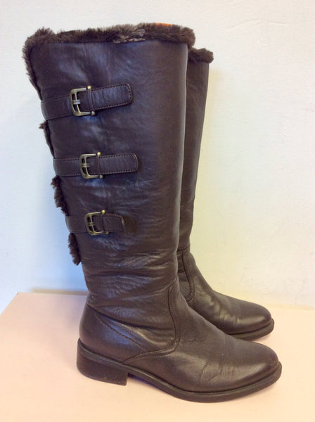 ARA DARK BROWN LEATHER BUCKLE TRIM FAUX FUR TRIM FLAT BOOTS SIZE 4.5/37.5