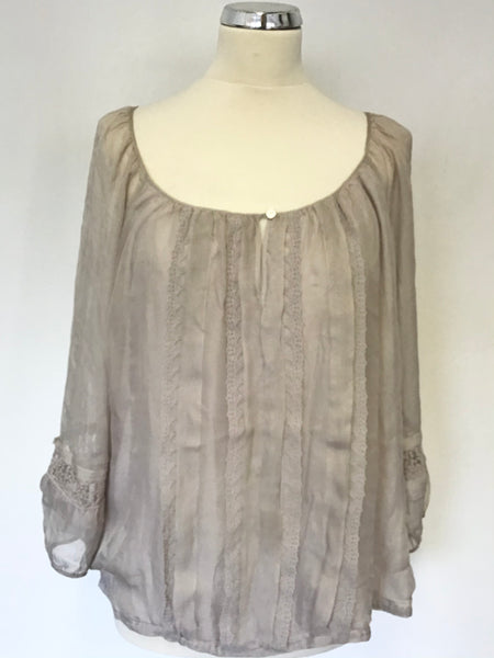 MINT VELVET BEIGE SILK & LACE TRIM 3/4 SLEEVE TOP SIZE 14