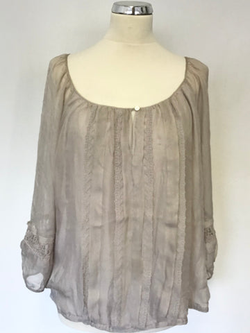 MINT VELVET BEIGE SILK & LACE TRIM 3/4 SLEEVE TOP SIZE 14