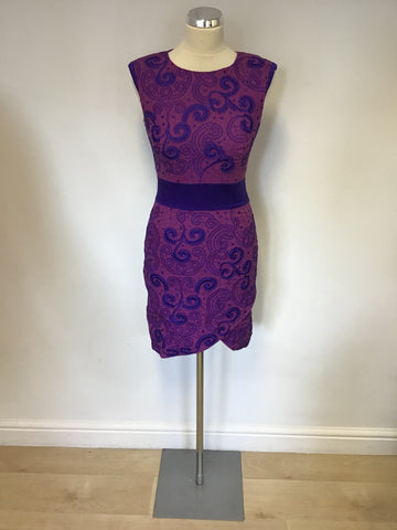 KAREN MILLEN PURPLE EMBROIDERED PENCIL DRESS SIZE 8