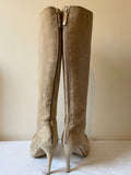 LK BENNETT MOYA BEIGE SUEDE & PATENT LEATHER TOE HEELED KNEE LENGTH BOOTS SIZE 6/39