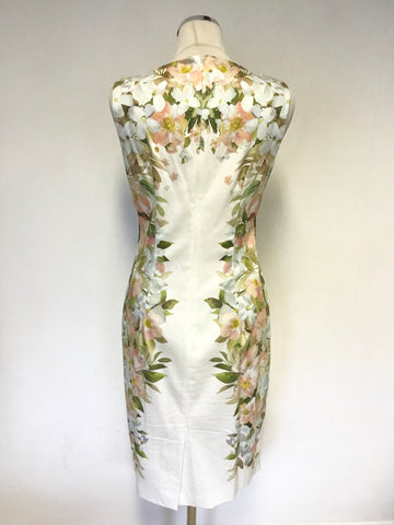 HOBBS WHITE & PALE PINK FLORAL PRINT PENCIL DRESS & MATCHING BOLERO CARDIGAN SIZE 10