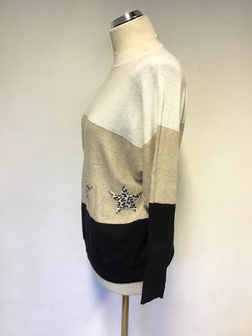 MINT VELVET IVORY,BEIGE & BLACK STRIPE JUMPER WITH LEOPARD PRINT STARS SIZE S