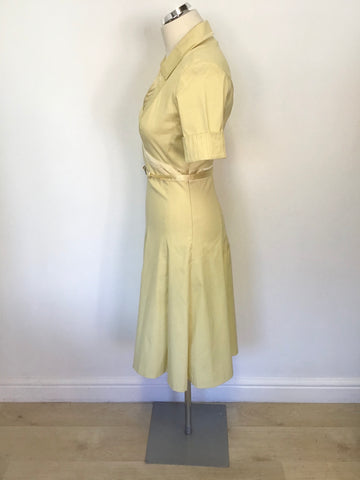 KAREN MILLEN LEMON COTTON & SILK TRIM SHORT SLEEVE BELTED DRESS SIZE 10