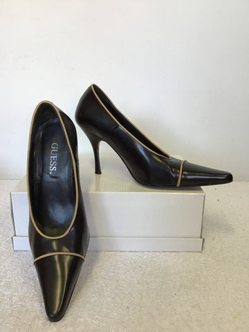 GUESS DARK BROWN & CAMEL TRIM ALL LEATHER HEELS SIZE 5/38