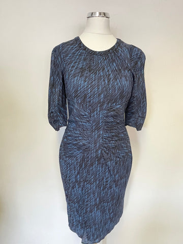 WHISTLES BLUE & BLACK PRINT SHORT SLEEVE SILK REAR ZIP PENCIL DRESS SIZE 8