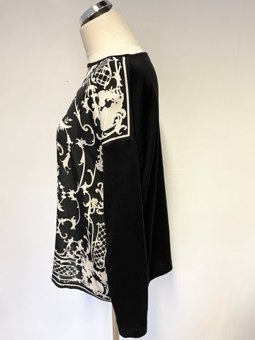 WEEKEND MAX MARA BLACK & WHITE PRINT SILK FRONT LONG SLEEVE FINE KNIT TOP SIZE L