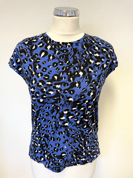WHISTLES BLUE, BLACK & WHITE PRINT CAP SLEEVE COTTON T SHIRT SIZE S