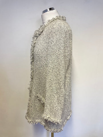 PURE COLLECTION CREAM & BLACK WEAVE FLECK FRINGE TRIMMED JACKET SIZE 14