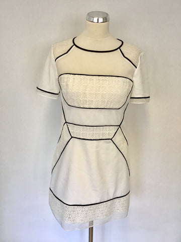 KAREN MILLEN IVORY & BLACK TRIM SHORT SLEEVE MINI DRESS SIZE 12