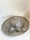 HAT STUDIO LIGHT GREY WITH BOW, COIL & FEATHER TRIM WIDE BRIM HAT