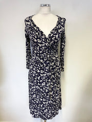 LK BENNETT NAVY, BLACK & WHITE PRINT 3/4 SLEEVE JERSEY WRAP DRESS SIZE 6