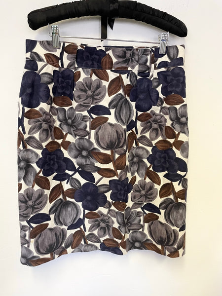 BODEN IVORY WITH BLUE, BROWN & GREY FLORAL PRINT COTTON & LINEN STRAIGHT SKIRT SIZE 14R