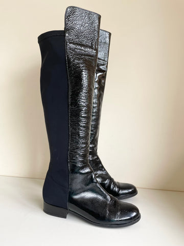 DUNE TRISH BLACK PATENT LEATHER & STRETCH 50/50 KNEE LENGTH BOOTS SIZE 7/40 WITH DEFECT
