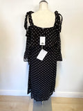 BRAND NEW GANNI BLACK & WHITE SPOT MONETTE GEORGETTE COLD SHOULDER MIDI DRESS SIZE 36 UK 10