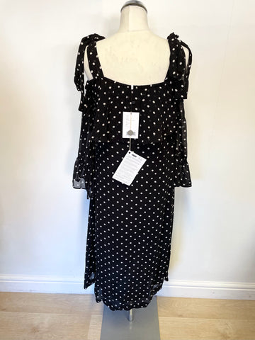BRAND NEW GANNI BLACK & WHITE SPOT MONETTE GEORGETTE COLD SHOULDER MIDI DRESS SIZE 36 UK 10