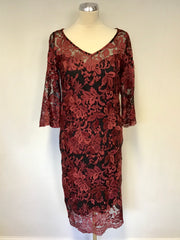 PER UNA BLACK & DARK RED LACE 3/4 SLEEVE SPECIAL OCCASION DRESS SIZE 10