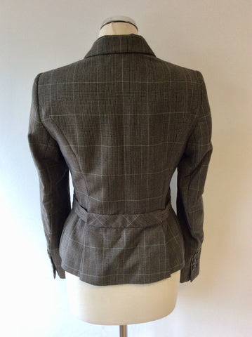 HOBBS BROWN WOOL CHECK BELTED JACKET SIZE 10