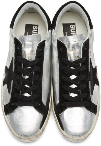 BRAND NEW GOLDEN GOOSE SUPERSTAR SILVER METALLIC & BLACK SUEDE TRIM TRAINERS SIZE 7.5/41 BUT FIT UK 7