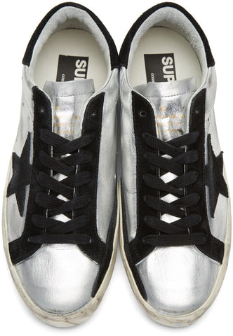 BRAND NEW GOLDEN GOOSE SUPERSTAR SILVER METALLIC & BLACK SUEDE TRIM TRAINERS SIZE 7.5/41 BUT FIT UK 7
