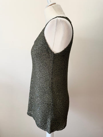 JIGSAW OLIVE GREEN SEQUINNED TRIM SLEEVELESS FINE KNIT TOP SIZE M